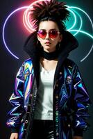 mode show, mode model. mooi sexy vrouw in een leer glimmend, neon jasje en zonnebril Aan een groen achtergrond achter haar, cyberpunk stijl. generatief ai foto