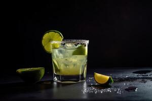 margarita met limoenen in een oud fashioned glas Aan een donker achtergrond. gegenereerd ai. foto
