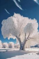 groot wit boom zittend in de midden- van een sneeuw gedekt veld. generatief ai. foto
