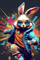 schilderij van een konijn vervelend zonnebril en een jasje. generatief ai. foto