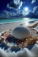 wit bal zittend Aan top van een zanderig strand. generatief ai. foto
