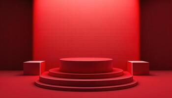 realistisch 3d rood thema podium voor Product Scherm. ai gegenereerd foto