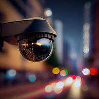 online veiligheid cctv camera toezicht systeem in de stad. ai gegenereerd illustratie foto