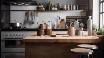 gemakkelijk minimalistische modern keuken knus comfortabel en elegant voor huis en appartement, kastje, keuken wasbak, en sommige keuken huishoudelijke apparaten, dineren kamer, mooi zo interieur. foto