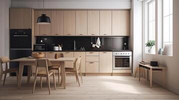 gemakkelijk minimalistische modern keuken knus comfortabel en elegant voor huis en appartement, kastje, keuken wasbak, en sommige keuken huishoudelijke apparaten, dineren kamer, mooi zo interieur. foto