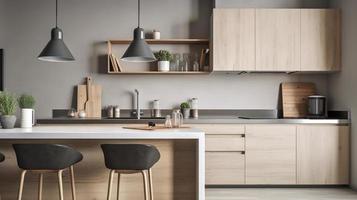 gemakkelijk minimalistische modern keuken knus comfortabel en elegant voor huis en appartement, kastje, keuken wasbak, en sommige keuken huishoudelijke apparaten, dineren kamer, mooi zo interieur. foto