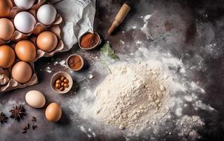 bakken achtergrond met meel, eieren, specerijen en keuken gebruiksvoorwerpen. foto
