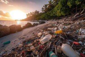 een veel van plastic verspilling Aan een tropisch droom strand gemaakt met generatief ai technologie. foto