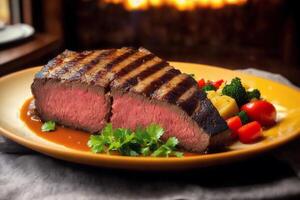rundvlees steak met aardappelen en groenten Aan een wit bord. restaurant. generatief ai foto