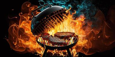 barbecue rooster met brand Aan Open lucht. brand vlam ai gegenereerd foto