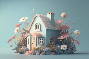 huis met bloemen, pastel kleuren, Aan blauw achtergrond. creativiteit van menselijk. 3d geven en illustratie foto