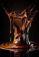 generatief ai illustratie van heet gesmolten donker chocola spatten, zwart achtergrond foto