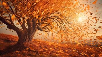 vallend bladeren van een boom in de zonsondergang ai gegenereerd foto
