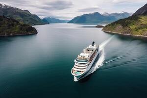 groot reis schip in fjorden. toerisme vakantie en zomer reizend. generatief ai foto