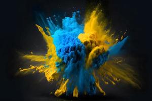 explosie van geel en blauw kleur verf poeder Aan zwart achtergrond. neurale netwerk gegenereerd kunst foto