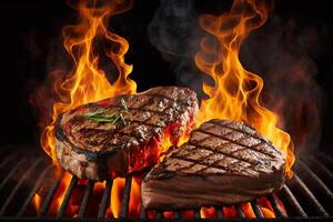 rundvlees steaks Aan de rooster met vlammen ai gegenereerd foto