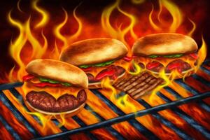 hamburgers en heet honden Koken Aan rooster met vlammen ai gegenereerd foto