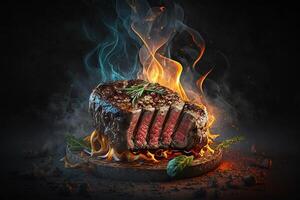gegrild gemarmerd rundvlees steak en brand ai gegenereerd foto