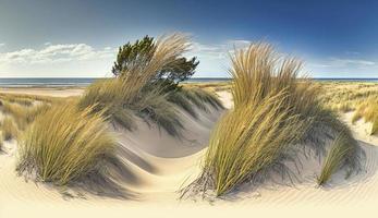 zand duinen panorama met strand gras, genereren ai foto