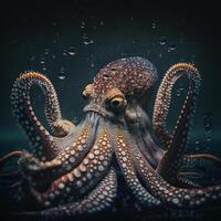 reusachtig Octopus met lang tentakels in donker duister water, generatief ai foto