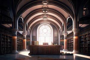 groot kerkelijke stijl bibliotheek, gotisch bibliotheek interieur. generatief ai foto