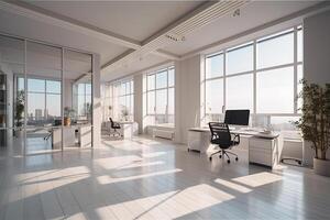groot kantoor met groot ramen met natuurlijk licht in wit kleuren. bedrijf interieur. generatief ai foto