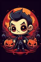 schattig tekenfilm vampier halloween. gelukkig halloween. tellen dracula vervelend zwart en rood kaap. schattig tekenfilm vampier karakter. kan worden gebruikt voor t-shirt grafiek, afdrukken. vector illustratie. generatief ai. foto