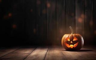 spookachtig halloween pompoen, jack O lantaarn, met een onheil gezicht en ogen Aan een houten bank, tafel met een nevelig nacht achtergrond met ruimte voor Product plaatsing. generatief ai. foto