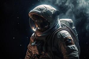 astronaut Aan een rots oppervlakte met een ruimte achtergrond. een astronaut staand Aan de eenzaam planeet met hem op zoek naar voren. generatief ai foto