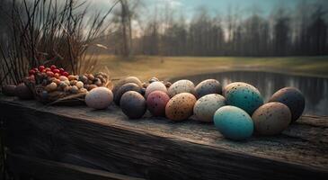 rij van kleurrijk Pasen eieren Aan houten tafel en bokeh achtergrond, plaats voor typografie en logo. rustiek houten tafel. Pasen thema. generatief ai. foto