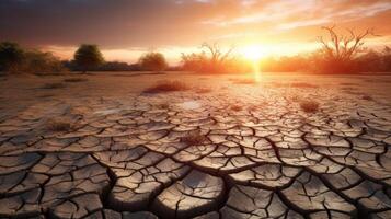 land- met droog en gebarsten grond. woestijn, wereldwijd opwarming background.conceptual beeld van klimaat Wijzigen. generatief ai. foto