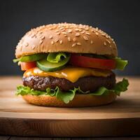 cheeseburger Aan een houten snijdend bord. ai generatief foto