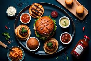 Hamburger ingrediënten Aan donker blauw achtergrond. top visie, vlak leggen, ai generatief foto