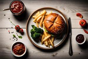 Hamburger met Frans Patat, saus en groenten Aan houten achtergrond, ai generatief foto