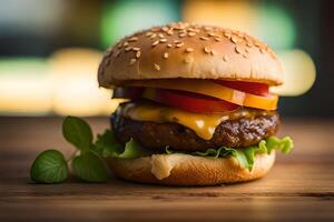 detailopname van een smakelijk cheeseburger Aan een houten tafel. ai generatief foto