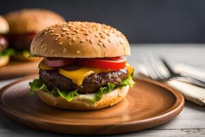 kaas hamburger met vers salade tomaat en ui. ai generatief foto