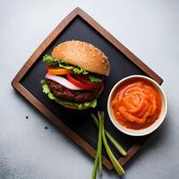 eigengemaakt Hamburger met vers groenten en ketchup Aan een houten bord. ai generatief foto