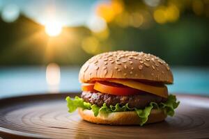 Hamburger Aan houten bord met zonsondergang achtergrond, Ondiep diepte van veld. ai generatief foto