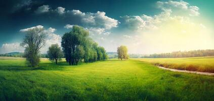 de landschap van natuurlijk gras veld- en bomen met ai gegenereerd. foto