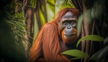 orangoetan in een tropisch regenwoud behoud Oppervlakte ,Borneo endemisch primaten ,generatief ai foto