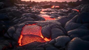 rood lava Aan een zwart vulkanisch grond. ai generatief foto