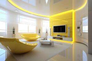 ai gegenereerd modern high Tech klassiek interieur ontwerp leven kamer in geel tonen en kleur foto