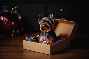 schattig hond op zoek uit van geschenk doos. huisdier net zo Geschenk. generatief ai foto