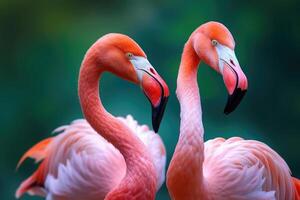 dichtbij omhoog portret van twee flamingo vogel Aan pastel gekleurde achtergrond. generatief ai foto