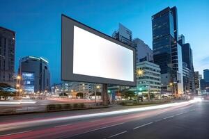 futuristische neon stad met aanplakbord Bij straat. generatief ai foto