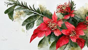 waterverf Kerstmis bloemen kader. botanisch plein kaart ontwerp met winter planten maretak, eucalyptus bladeren, spar, pijnboom ijshoorntje, rood, wit bessen. generatief ai foto