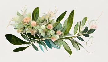 waterverf eucalyptus bloem regeling, groen takken en jasmijn bloemen clip art. generatief ai foto