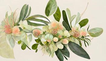 waterverf eucalyptus bloem regeling, groen takken en jasmijn bloemen clip art. generatief ai foto