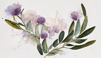 buitengewoon lavendel bloemen en eucalyptus takken geïsoleerd Aan wit, bloemen lauwerkrans, waterverf illustratie. generatief ai foto