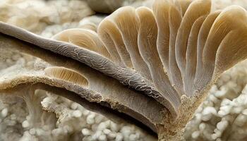 dichtbij omhoog visie van vers rauw jamur tiram putih of wit oester champignons met kieuwen texturen. generatief ai foto